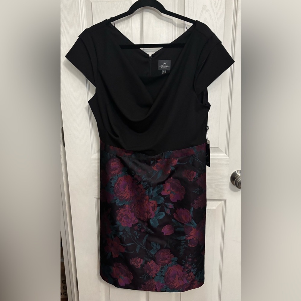 NEW Adrianna Papell |‎ Knit Crepe & Jacquard Black Multicolor Dress Sz 16